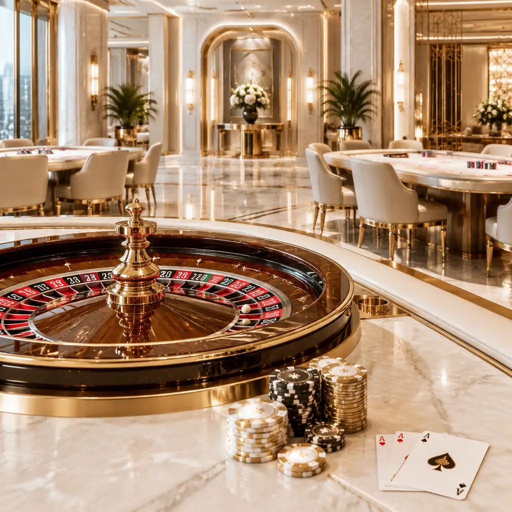 Area meja kartu dan roulette dalam ruang kasino