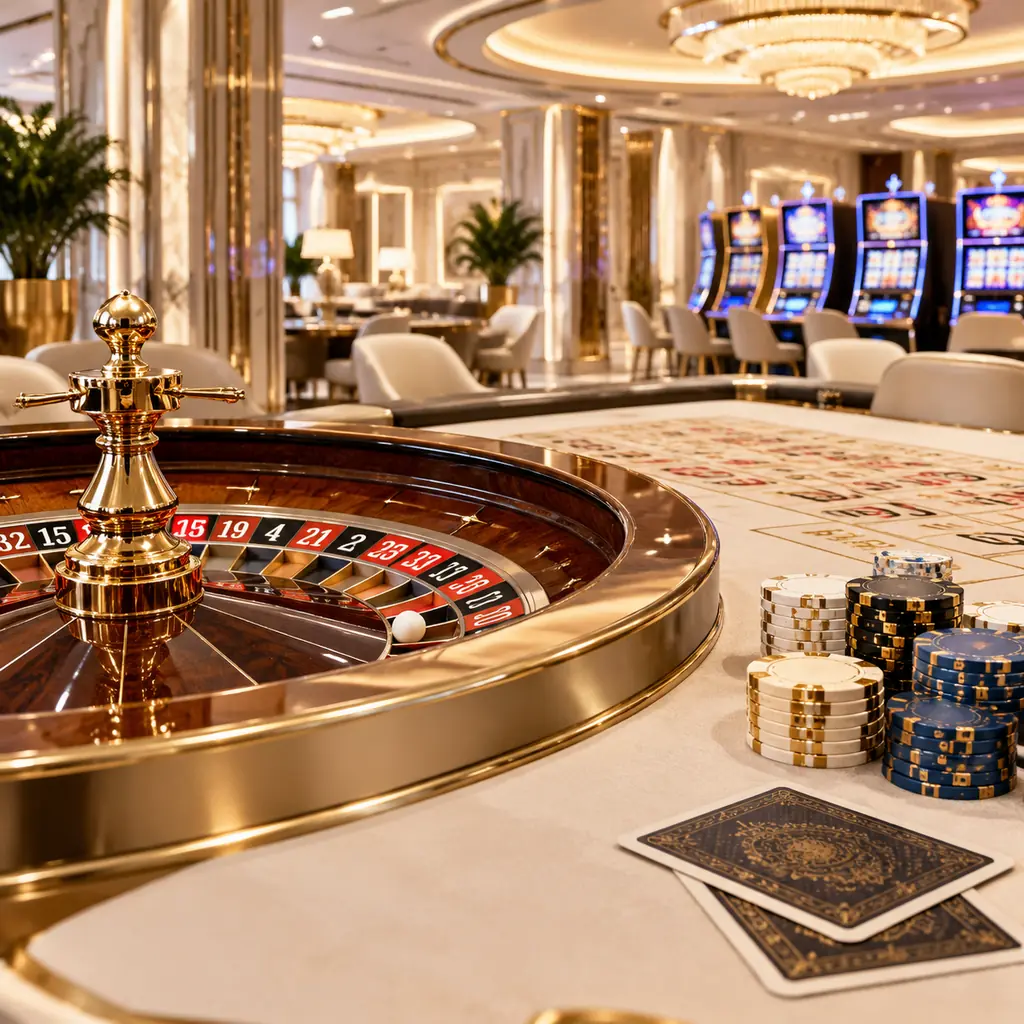 Meja roulette dan kartu di ruang kasino bergaya putih klasik