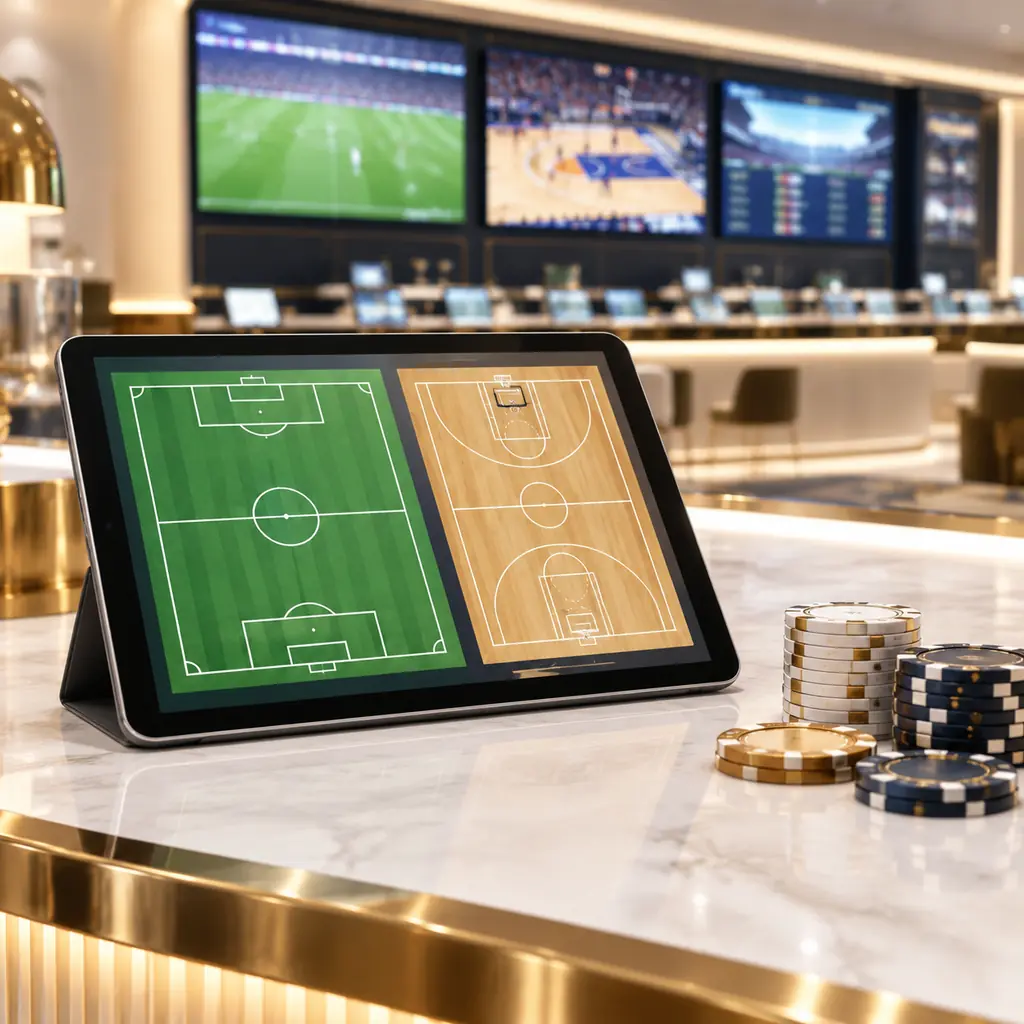 Tablet dengan tampilan lapangan olahraga di area sportsbook kasino